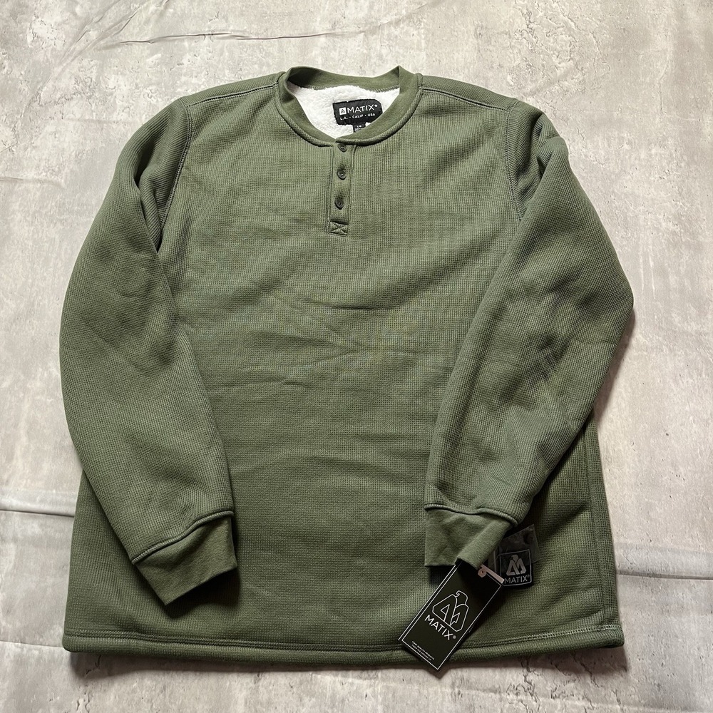 Matix Henley Sweatshirt Mens L Green Fleece Henley Neck Long Sleeve Pullover